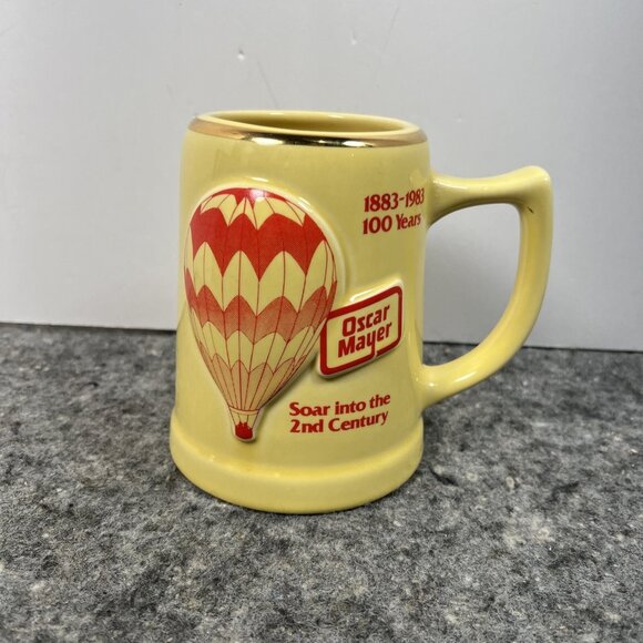 VTG Oscar Mayer Ceramic Mug Stein 100th Anniv 1883 1983 Hot Air Balloon yellow - Picture 1 of 9